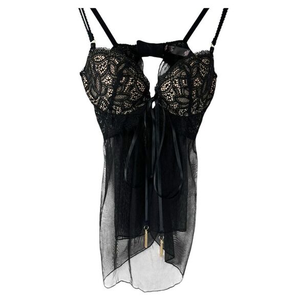 Victorias Secret Black Lace 34 B Babydoll Lingerie Gold with Matching Pa… - Picture 1 of 10